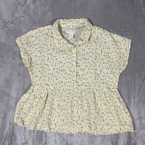 Cynthia Rowley Peplum Blouse Top Size Small Yellow Floral Collared Printed Linen